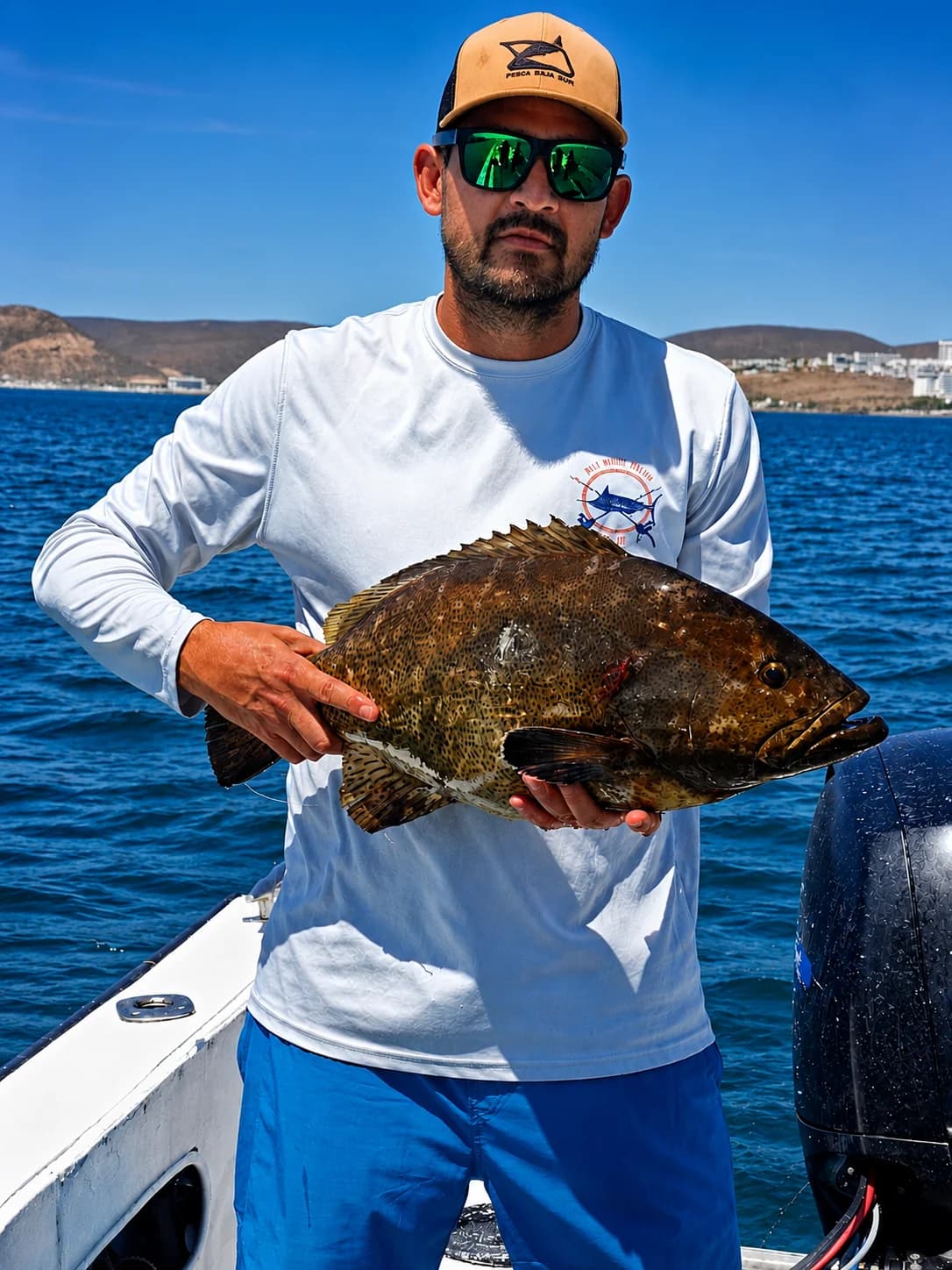 Capitán local sonriendo con una cabrilla recién pescada, con La Paz al fondo